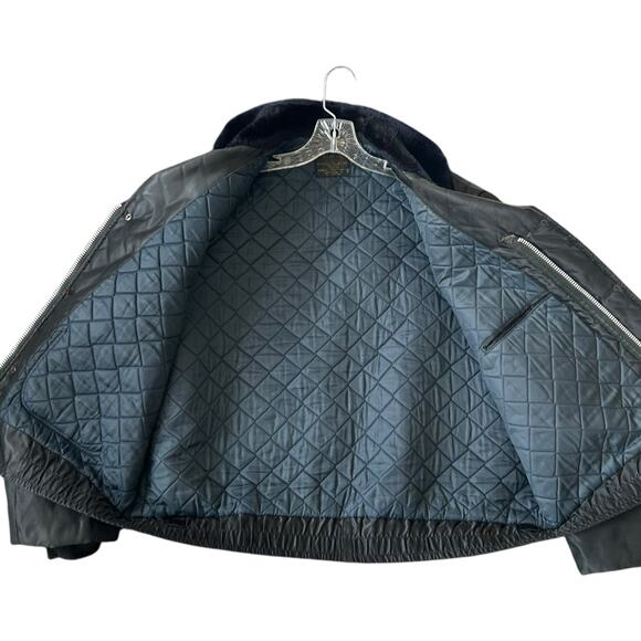 Vintage Black Twill Bomber Coat Mens Sz XL Nylon Faux Fur Collar Police Jacket - Picture 11 of 16